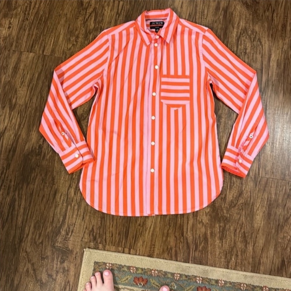 J. Crew Coral and Light Pink Striped Button-Up Shirt
